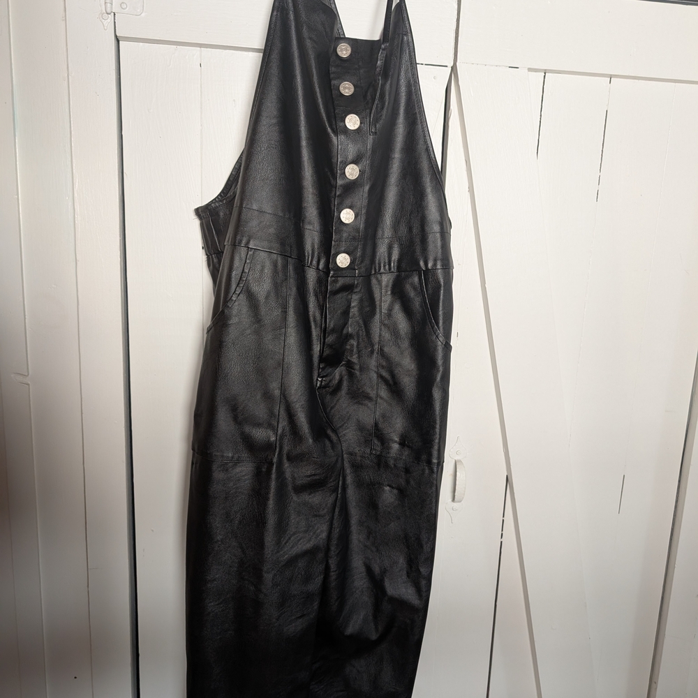 12th Tribe Black Faux Leather Overalls